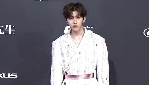 【MAHB时尚先生盛典】超季小王子蔡徐坤童趣的条纹大衣搭配砖红长裤，优雅温柔行走的漫撕男
